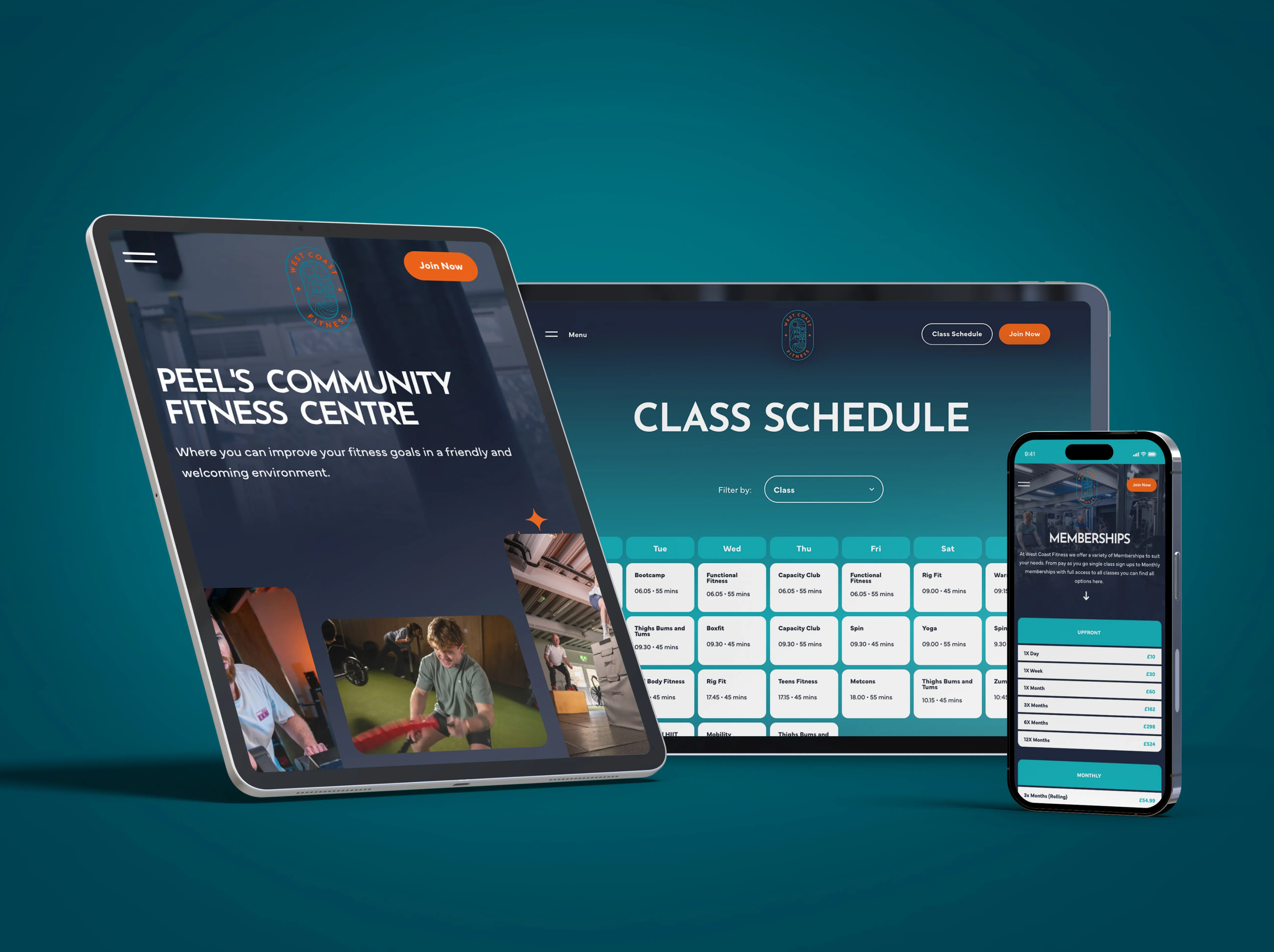 Tablet and smartphone displaying the Peel's Community Fitness Centre website homepage and Class Schedule page with dark navy and teal branding and fitness photography on a teal background
